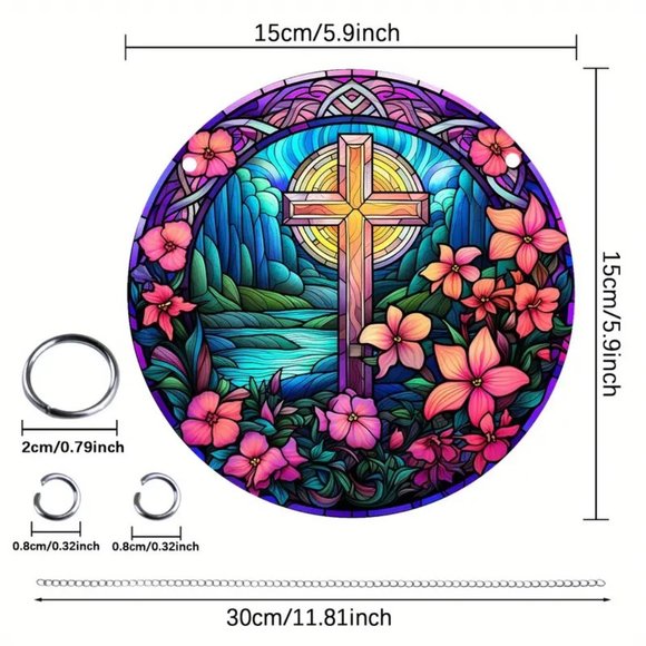Suncatcher Holy Cross Flowers Hanging Wall Window Colorful In/Outdoor Religious - Picture 2 of 3